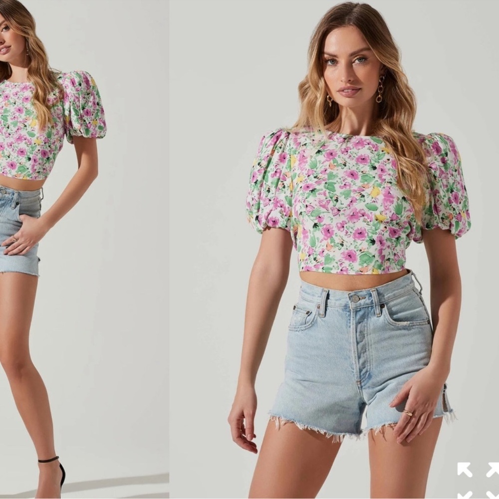 ASTR Bubble Sleeve Floral Tie Back Top Size XL NWOT